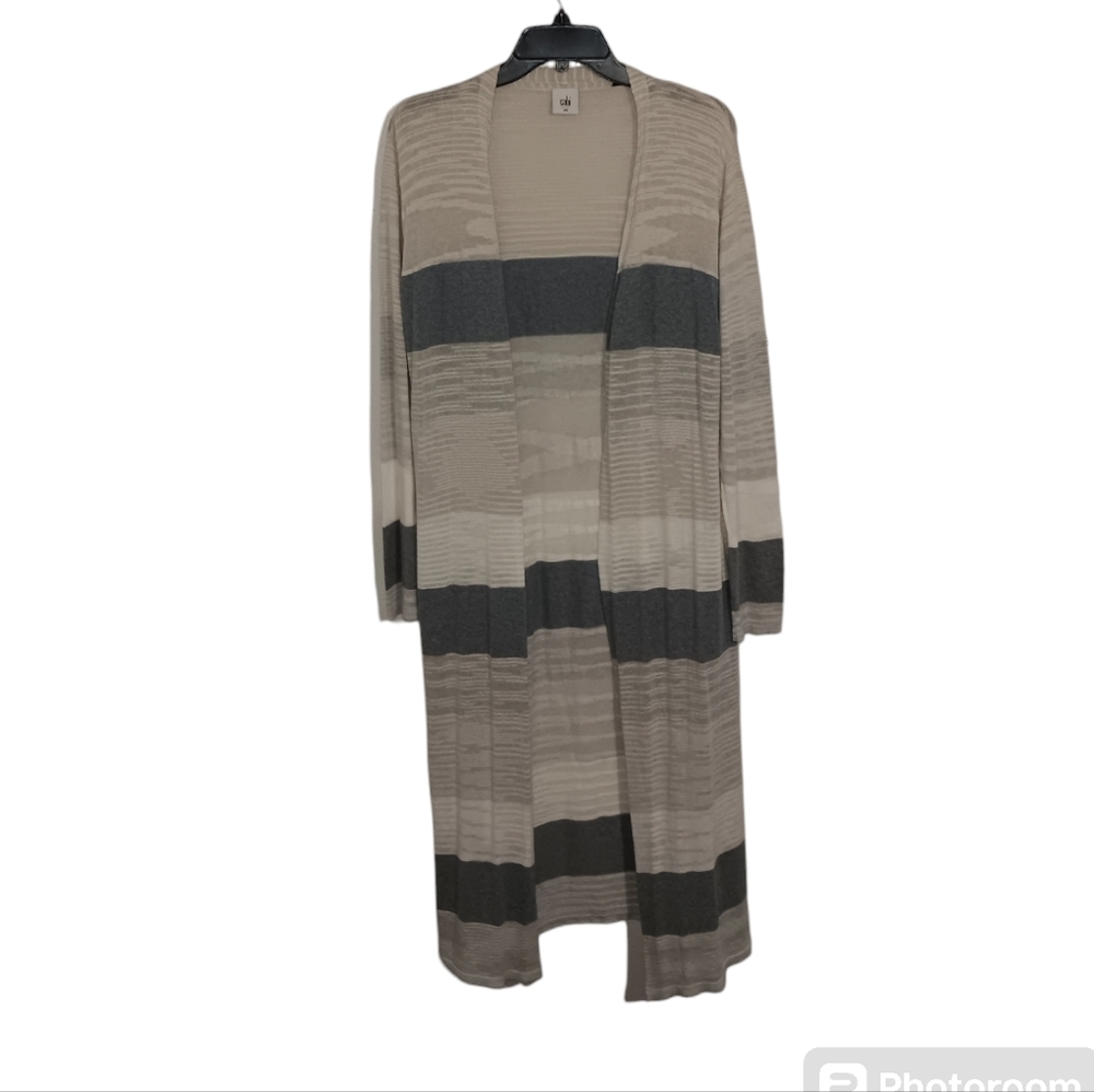 Cabi Extra Long Open Front Cardigan, Tan/Cream/Gray, sz M, LIKE NEW!
